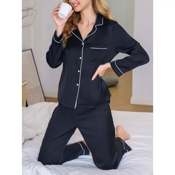 imageCUPSHE Silk Pajamas for Women Satin Sleepwear Long Sleeve Loungewear Silky Button Down Pjs SetBlack