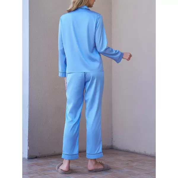 imageCUPSHE Silk Pajamas for Women Satin Sleepwear Long Sleeve Loungewear Silky Button Down Pjs SetBlue