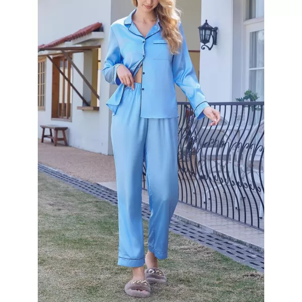 imageCUPSHE Silk Pajamas for Women Satin Sleepwear Long Sleeve Loungewear Silky Button Down Pjs SetBlue
