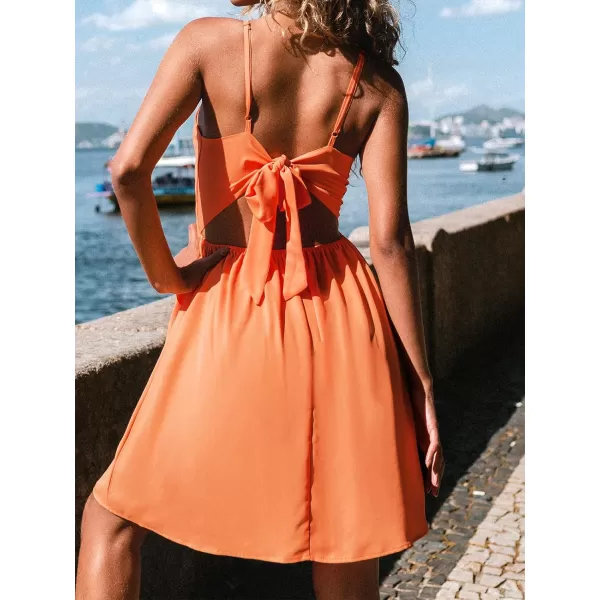 imageCUPSHE Smocked Slip Mini Dress for Women Summer Beach Dress Spaghetti Strap Cut Out V Neck Short LengthOrange