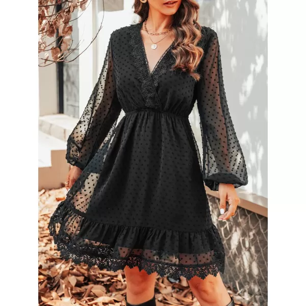imageCUPSHE Solid Lace V Neck Aline Long Sleeve Dresses for Women Fall Empire Waist Mini DressBlack