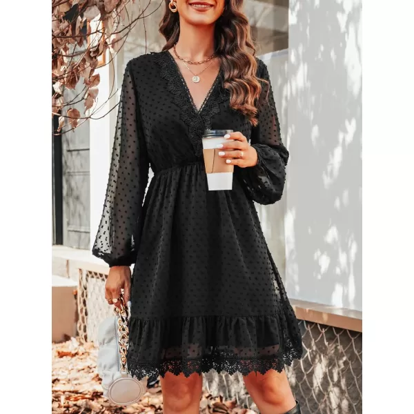 imageCUPSHE Solid Lace V Neck Aline Long Sleeve Dresses for Women Fall Empire Waist Mini DressBlack