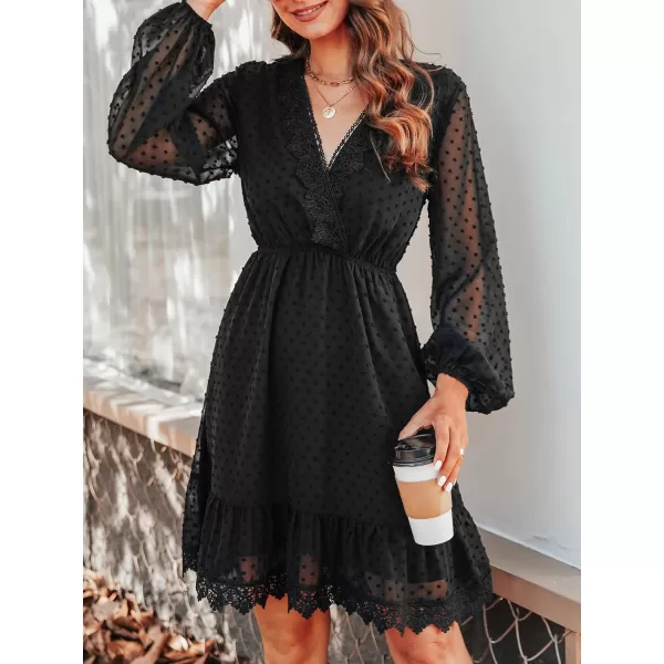 imageCUPSHE Solid Lace V Neck Aline Long Sleeve Dresses for Women Fall Empire Waist Mini DressBlack