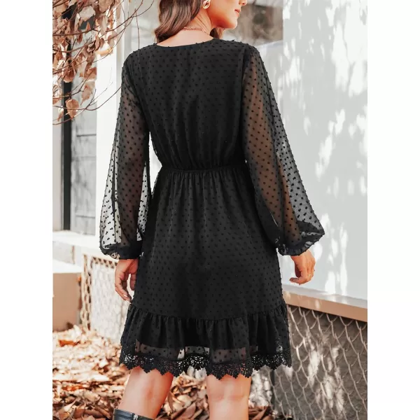 imageCUPSHE Solid Lace V Neck Aline Long Sleeve Dresses for Women Fall Empire Waist Mini DressBlack