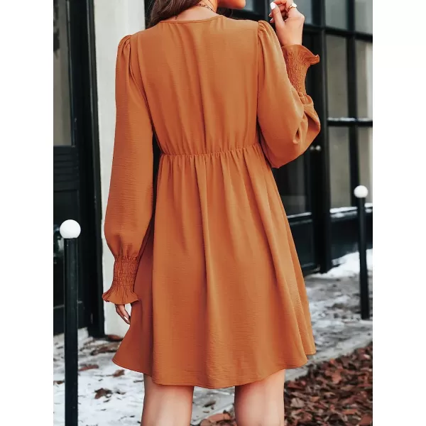 imageCUPSHE Solid Smock Mini Dresses for Women Aline Empire Waist Dress Fall V Neck Cuffs Long SleevesOrange
