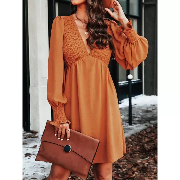 imageCUPSHE Solid Smock Mini Dresses for Women Aline Empire Waist Dress Fall V Neck Cuffs Long SleevesOrange