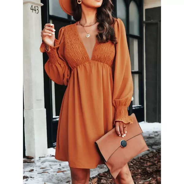 imageCUPSHE Solid Smock Mini Dresses for Women Aline Empire Waist Dress Fall V Neck Cuffs Long SleevesOrange