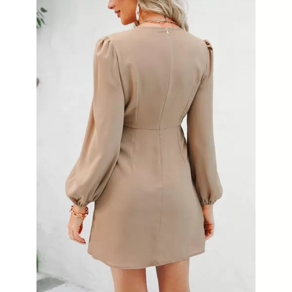 imageCUPSHE Solid V Neck Aline Long Sleeve Dresses for Women Mini Bodycon Wrap DressKhaki