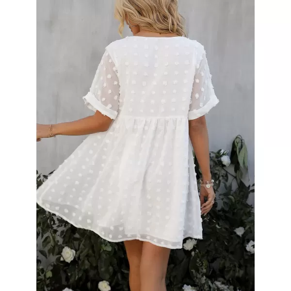 imageCUPSHE Solid V Neck Aline Short Sleeve Dresses for Women Pot Clip Dot Babydoll Mini DressWhite