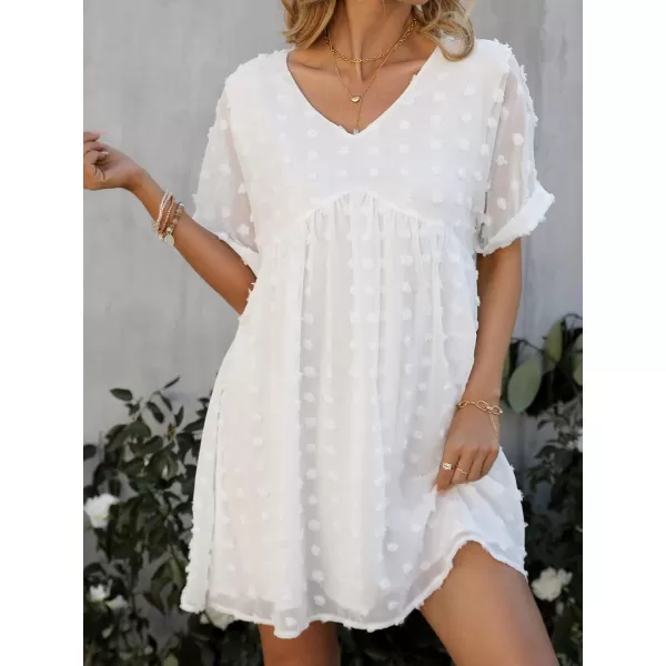 imageCUPSHE Solid V Neck Aline Short Sleeve Dresses for Women Pot Clip Dot Babydoll Mini DressWhite
