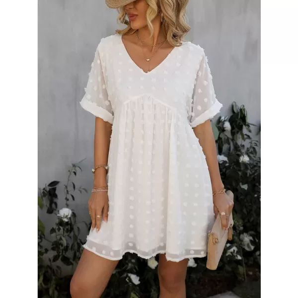 imageCUPSHE Solid V Neck Aline Short Sleeve Dresses for Women Pot Clip Dot Babydoll Mini DressWhite