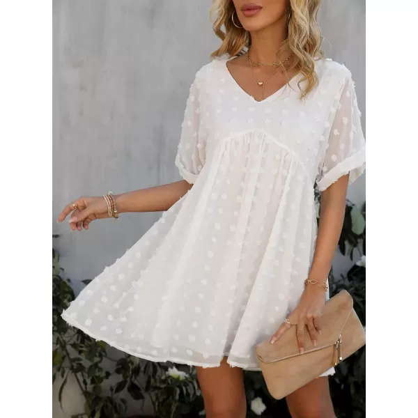 imageCUPSHE Solid V Neck Aline Short Sleeve Dresses for Women Pot Clip Dot Babydoll Mini DressWhite