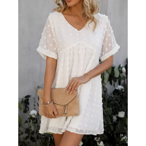 imageCUPSHE Solid V Neck Aline Short Sleeve Dresses for Women Pot Clip Dot Babydoll Mini DressWhite