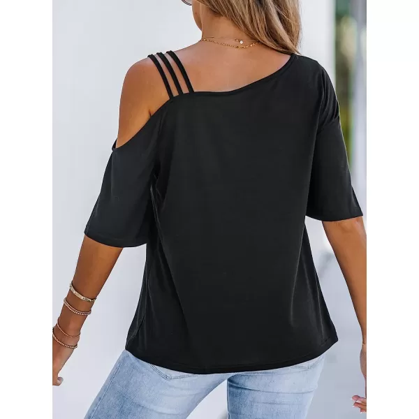 imageCUPSHE Strappy Asymmetrical Tee Shirts Short Sleeves Tops Cold Shoulder Shirt CasualBlack