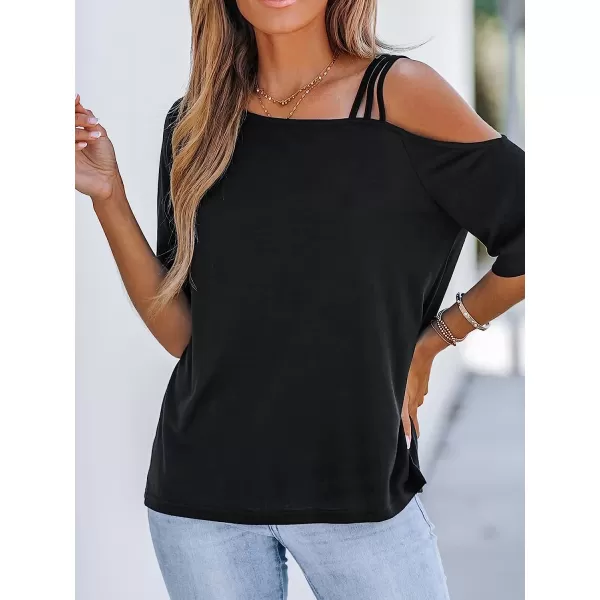 imageCUPSHE Strappy Asymmetrical Tee Shirts Short Sleeves Tops Cold Shoulder Shirt CasualBlack