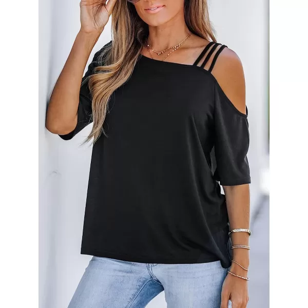 imageCUPSHE Strappy Asymmetrical Tee Shirts Short Sleeves Tops Cold Shoulder Shirt CasualBlack