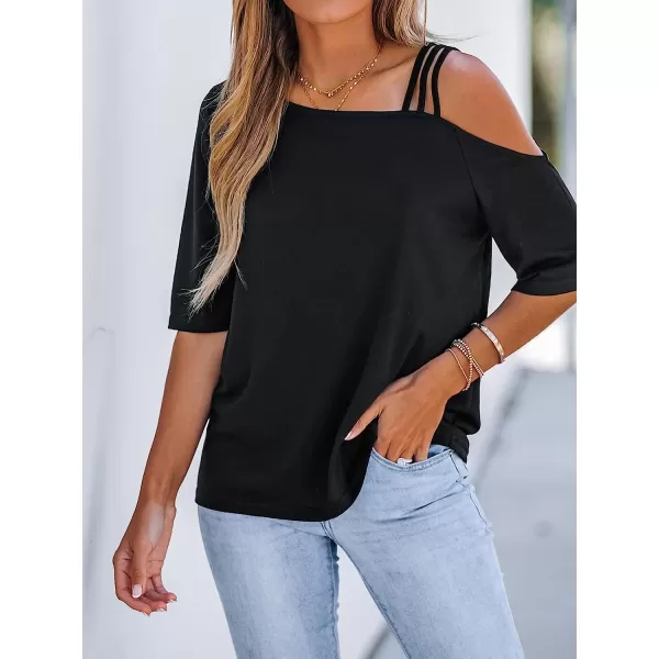imageCUPSHE Strappy Asymmetrical Tee Shirts Short Sleeves Tops Cold Shoulder Shirt CasualBlack