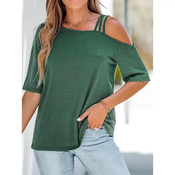 imageCUPSHE Strappy Asymmetrical Tee Shirts Short Sleeves Tops Cold Shoulder Shirt CasualGreen