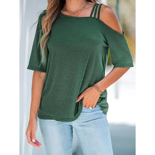 imageCUPSHE Strappy Asymmetrical Tee Shirts Short Sleeves Tops Cold Shoulder Shirt CasualGreen