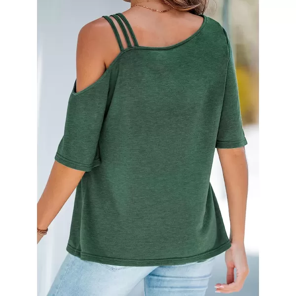 imageCUPSHE Strappy Asymmetrical Tee Shirts Short Sleeves Tops Cold Shoulder Shirt CasualGreen