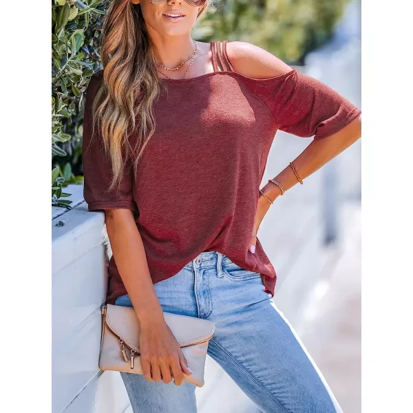 imageCUPSHE Strappy Asymmetrical Tee Shirts Short Sleeves Tops Cold Shoulder Shirt CasualRed