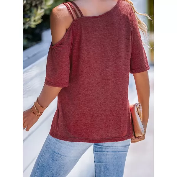imageCUPSHE Strappy Asymmetrical Tee Shirts Short Sleeves Tops Cold Shoulder Shirt CasualRed