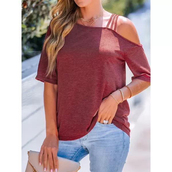 imageCUPSHE Strappy Asymmetrical Tee Shirts Short Sleeves Tops Cold Shoulder Shirt CasualRed