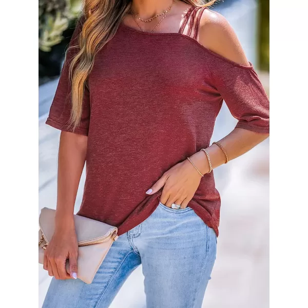 imageCUPSHE Strappy Asymmetrical Tee Shirts Short Sleeves Tops Cold Shoulder Shirt CasualRed