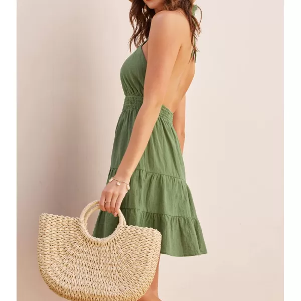 imageCUPSHE Summer Dress for Women Cut Out Crisscross Halter Backless Sleeveless Fitted Waisted Short Dress with Wide StrapsGreen