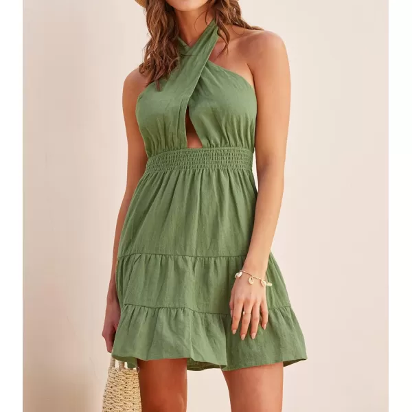 imageCUPSHE Summer Dress for Women Cut Out Crisscross Halter Backless Sleeveless Fitted Waisted Short Dress with Wide StrapsGreen