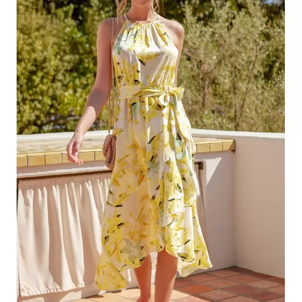 imageCUPSHE Summer Dress for Women Slip Dress Halter Neck Irregular Hem Tie Waist Floral DressYellow