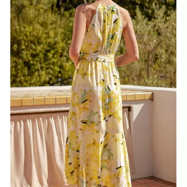 imageCUPSHE Summer Dress for Women Slip Dress Halter Neck Irregular Hem Tie Waist Floral DressYellow