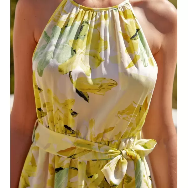 imageCUPSHE Summer Dress for Women Slip Dress Halter Neck Irregular Hem Tie Waist Floral DressYellow