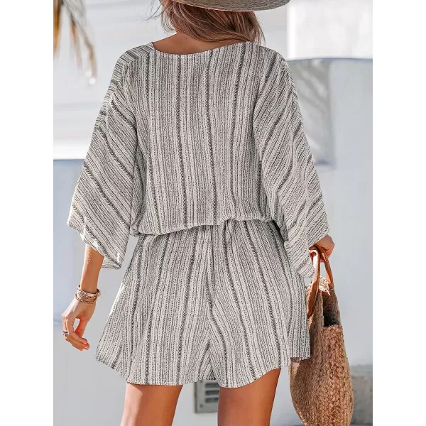 imageCUPSHE Summer Women Belted Striped Romper Deep V Neck Dolman Sleeves Jumpsuit Wide Leg JumpsuitsBlack Stripes