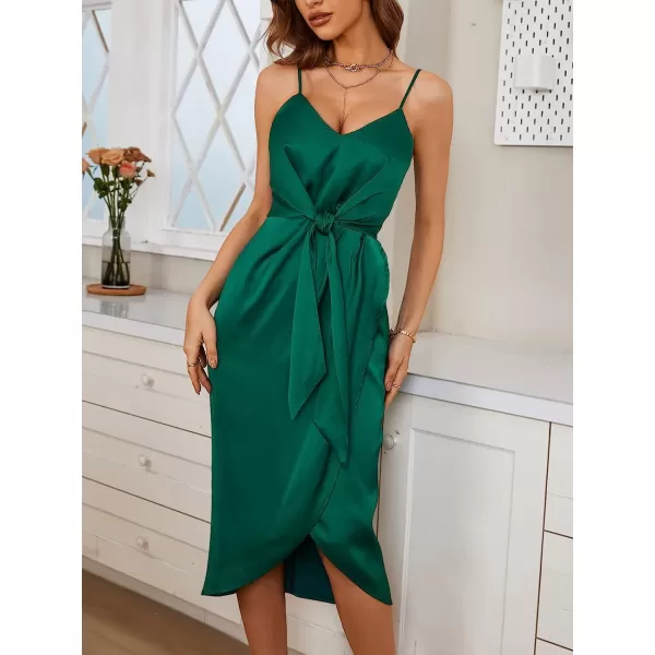 imageCUPSHE Summer Women Emerald Green Slip Satin Wrap Midi Dress V Neck Bodycon Spaghetti Strap Cocktail Party Dress Tie WaistGreen