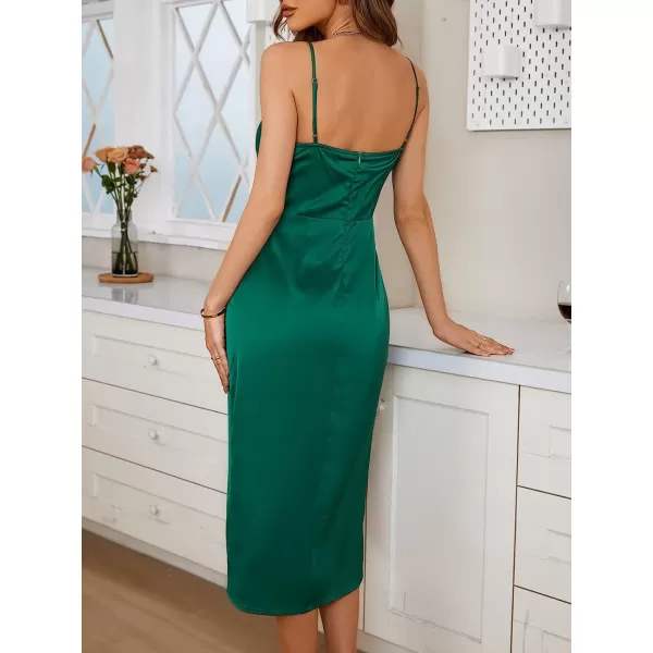 imageCUPSHE Summer Women Emerald Green Slip Satin Wrap Midi Dress V Neck Bodycon Spaghetti Strap Cocktail Party Dress Tie WaistGreen