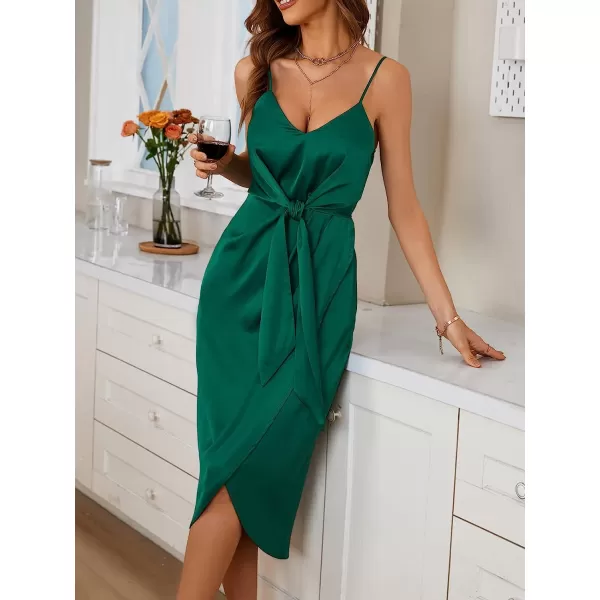 imageCUPSHE Summer Women Emerald Green Slip Satin Wrap Midi Dress V Neck Bodycon Spaghetti Strap Cocktail Party Dress Tie WaistGreen