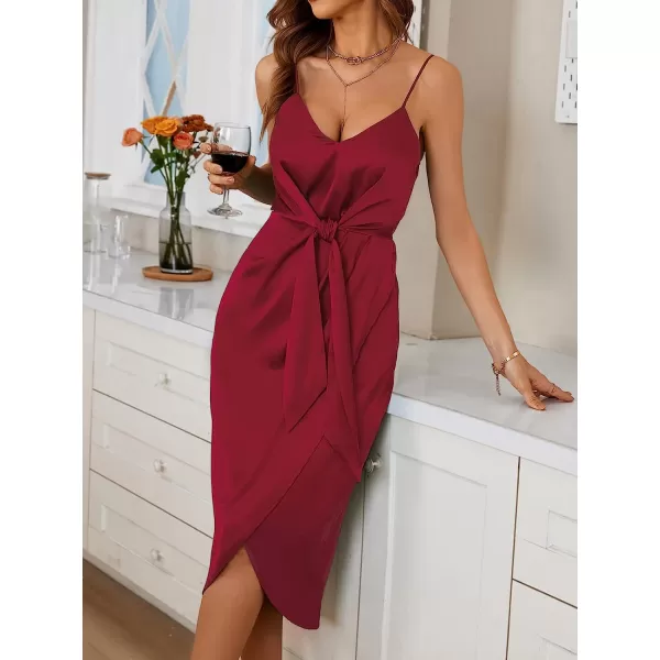 imageCUPSHE Summer Women Emerald Green Slip Satin Wrap Midi Dress V Neck Bodycon Spaghetti Strap Cocktail Party Dress Tie WaistRed