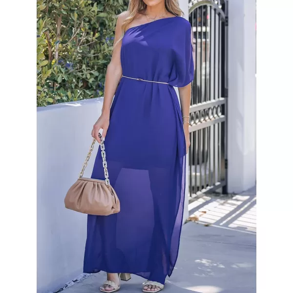 imageCUPSHE Summer Women One Shoulder Maxi Dress Loose Waist Short Sleeve Ruffle Casual Party Vacation Dress BlueBlue