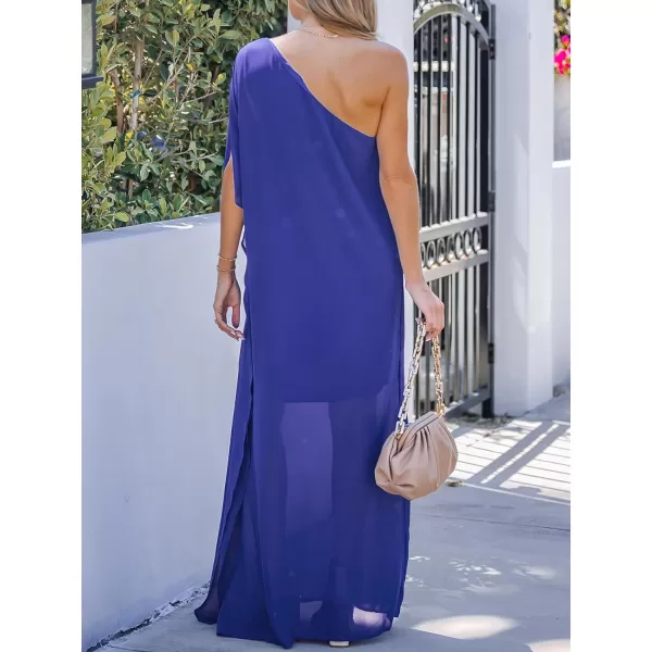 imageCUPSHE Summer Women One Shoulder Maxi Dress Loose Waist Short Sleeve Ruffle Casual Party Vacation Dress BlueBlue