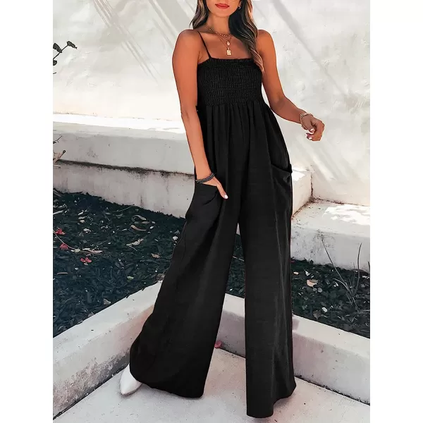 imageCUPSHE Summer Women Slip Ruching Smocked Jumpsuit Pants Square Neck Speghetti Straps Loose Waisted MaxiBlack