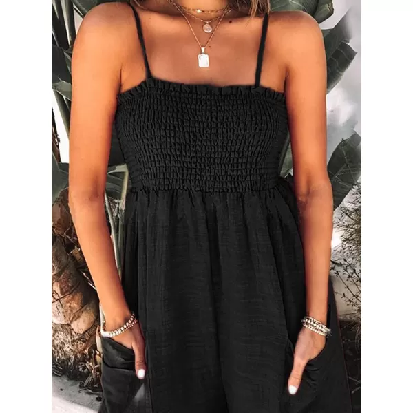 imageCUPSHE Summer Women Slip Ruching Smocked Jumpsuit Pants Square Neck Speghetti Straps Loose Waisted MaxiBlack