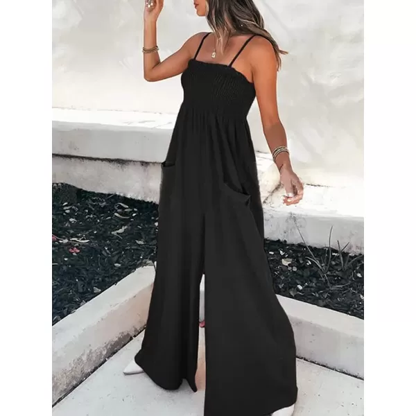 imageCUPSHE Summer Women Slip Ruching Smocked Jumpsuit Pants Square Neck Speghetti Straps Loose Waisted MaxiBlack