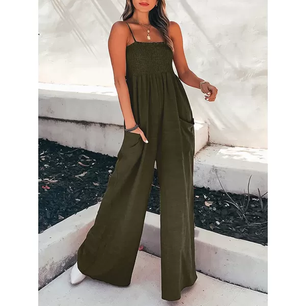 imageCUPSHE Summer Women Slip Ruching Smocked Jumpsuit Pants Square Neck Speghetti Straps Loose Waisted MaxiOlive Green