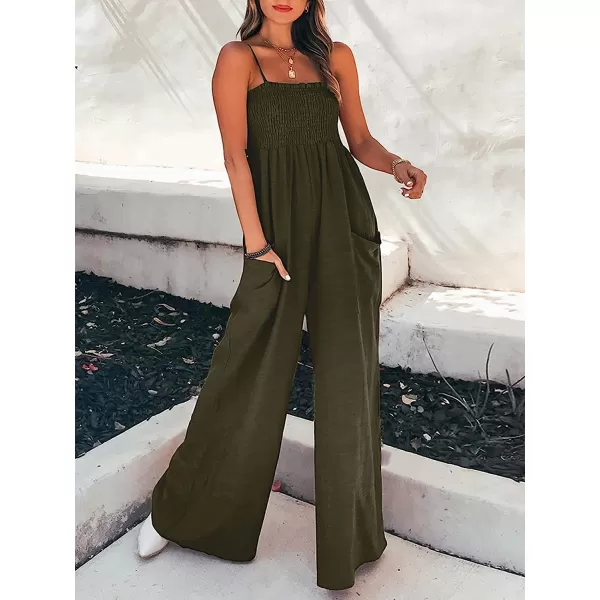 imageCUPSHE Summer Women Slip Ruching Smocked Jumpsuit Pants Square Neck Speghetti Straps Loose Waisted MaxiOlive Green