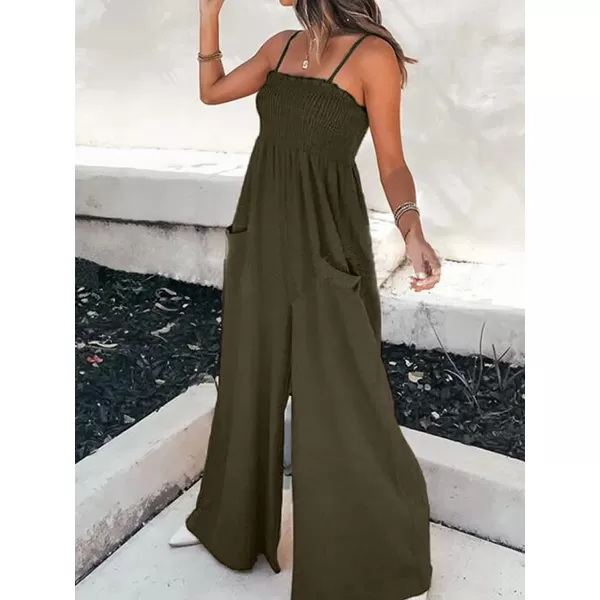 imageCUPSHE Summer Women Slip Ruching Smocked Jumpsuit Pants Square Neck Speghetti Straps Loose Waisted MaxiOlive Green