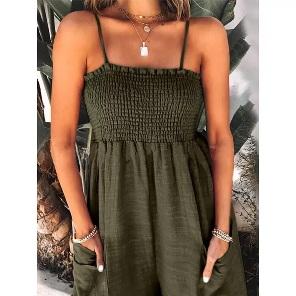 imageCUPSHE Summer Women Slip Ruching Smocked Jumpsuit Pants Square Neck Speghetti Straps Loose Waisted MaxiOlive Green