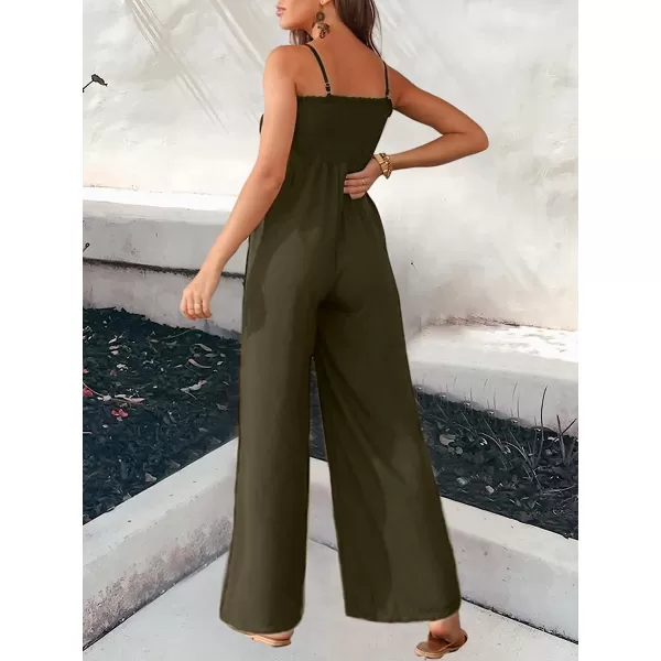 imageCUPSHE Summer Women Slip Ruching Smocked Jumpsuit Pants Square Neck Speghetti Straps Loose Waisted MaxiOlive Green