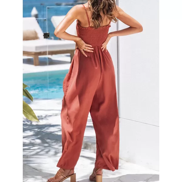 imageCUPSHE Summer Women Slip Ruching Smocked Jumpsuit Pants Square Neck Speghetti Straps Loose Waisted MaxiOrange