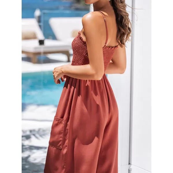 imageCUPSHE Summer Women Slip Ruching Smocked Jumpsuit Pants Square Neck Speghetti Straps Loose Waisted MaxiOrange